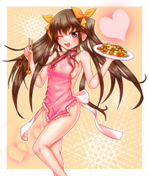 Rule 34 | 10s, 1girl, apron, bare shoulders, blush, breasts, brown hair, china dress, chinese clothes, chopsticks, dress, fang, female focus, green eyes, hair ribbon, huang lingyin, infinite stratos, legs, long hair, open mouth, ribbon, sideboob, smile, solo, twintails, wink