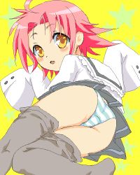 Rule 34 | 00s, ass, bent over, blush, kogami akira, long sleeves, lowres, lucky star, oversized clothes, panties, pantyhose, pink hair, short hair, solo, striped clothes, striped panties, underwear, yellow eyes