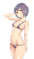 Rule 34 | 1girl, arm behind head, arm up, bare shoulders, bikini, blush, breasts, collarbone, grey bikini, grey eyes, grey hair, highres, hip focus, hometa, iridescent, looking at viewer, navel, original, parted lips, short hair, simple background, small breasts, solo, swimsuit, thighs, white background