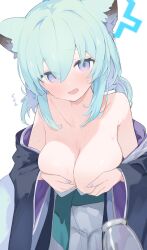 Rule 34 | 1girl, animal ears, blue archive, blush, breasts, cleavage, collarbone, green hair, grey kimono, hair between eyes, highres, japanese clothes, kimono, large breasts, long sleeves, looking at viewer, medium hair, mikozin, obi, official alternate costume, open mouth, purple eyes, sash, shigure (blue archive), shigure (hot spring) (blue archive), simple background, solo, tail, weasel ears, weasel tail, white background, wide sleeves