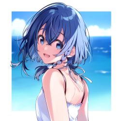 Rule 34 | 1girl, :d, bare shoulders, blue eyes, blue hair, blurry, blurry background, blush, border, braid, camisole, commentary request, copyright name, depth of field, from behind, hair between eyes, highres, looking at viewer, looking back, misakino kukuru, ocean, open mouth, outside border, shell hair ornament, shiroi suna no aquatope, short hair, side braid, sleeveless, smile, solo, u35, upper body, water, white border