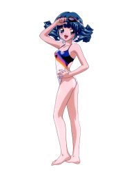 Rule 34 | 1990s (style), 1girl, aqua hair, barefoot, blue eyes, blush, feet, full body, goggles, goggles on head, hand on own hip, highres, long hair, multicolored clothes, multicolored swimsuit, one-piece swimsuit, open mouth, retro artstyle, rolfee, simple background, solo, swimsuit, tadano kazuko, tonari no princess rolfee, white background