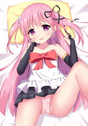 Rule 34 | 1girl, bare shoulders, bed sheet, black gloves, black ribbon, black skirt, blush, bow, collarbone, commentary request, copyright request, elbow gloves, gloves, hair ribbon, hands up, head tilt, highres, knee up, long hair, looking at viewer, lying, on back, open mouth, panties, partially fingerless gloves, partially visible vulva, pillow, pink hair, pink panties, pleated skirt, purple eyes, red bow, ribbon, shirt, skirt, solo, strapless, two side up, underwear, very long hair, wavy mouth, white shirt, xiaosamiao