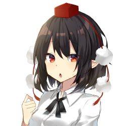Rule 34 | 1girl, black hair, black ribbon, breasts, chestnut mouth, collared shirt, hand up, hat, highres, komomo (ptkrx), looking at viewer, neck ribbon, open mouth, pointy ears, pom pom (clothes), red eyes, red hat, ribbon, shameimaru aya, shirt, short hair, sidelocks, simple background, solo, tokin hat, touhou, upper body, white background, white shirt