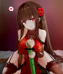 Rule 34 | 1girl, absurdres, alternate costume, arm support, bamboo shoot, bar censor, bare shoulders, blunt bangs, blush, breasts, bridal gauntlets, brown hair, brown thighhighs, censored, china dress, chinese clothes, cleavage, cleavage cutout, clothing cutout, collarbone, dress, dsr-50 (girls&#039; frontline), dsr-50 (red peony) (girls&#039; frontline), elbow gloves, fake censor, flower, folding fan, garter straps, girls&#039; frontline, gloves, groin, hair flower, hair ornament, half-closed eyes, hand fan, head tilt, heart, heart-shaped pupils, highres, holding, holding bamboo shoot, lace, lace-trimmed legwear, lace trim, large breasts, leaning forward, long hair, looking at viewer, open mouth, pantyhose, red dress, red eyes, ru zhai, side slit, sidelocks, sitting, smile, solo, studs, symbol-shaped pupils, tassel, thighhighs, thighs, torn clothes, torn dress, torn gloves, torn legwear