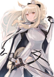 Rule 34 | 1girl, absurdres, animal ear fluff, animal ears, arknights, armor, black gloves, blemishine (arknights), blonde hair, breastplate, cape, commentary request, cowboy shot, elbow gloves, fur-trimmed cape, fur trim, gloves, hand on own hip, hand up, highres, holding, holding sword, holding weapon, horse ears, horse girl, horse tail, kingdom of kazimierz logo, knight, long hair, looking at viewer, orange eyes, penguin4, plate armor, ponytail, shoulder armor, simple background, solo, sword, tail, weapon, white background, white cape