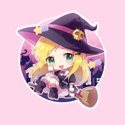 Rule 34 | blonde hair, broom, cat, costume, digimon, digimon frontier, green eyes, halloween, hat, highres, orimoto izumi, shooting star, skull, smile, witch, witch hat