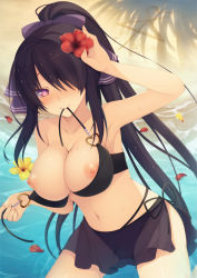 Rule 34 | 1girl, ai ai gasa, aotsu karin, arm up, bad id, bad pixiv id, beach, bikini, bikini in mouth, black bikini, blush, breasts, closed mouth, clothes in mouth, commentary request, day, flower, hair flower, hair ornament, hair over one eye, heart, heart-shaped pupils, heart o-ring, heart ring top, high ponytail, holding, large breasts, long hair, looking at viewer, mouth hold, navel, nipples, nose blush, ocean, original, outdoors, petals, ponytail, red eyes, red flower, sand, see-through, side-tie bikini bottom, sidelocks, smile, solo, swimsuit, symbol-shaped pupils, very long hair, water, yellow flower