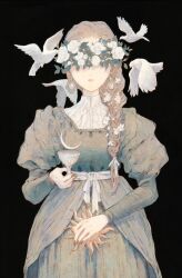Rule 34 | 1girl, belt, bird, black background, blindfold, braid, braided ponytail, brown nails, chalice, collared shirt, cowboy shot, crescent, cup, dove, dress, earrings, facing viewer, flower, flower wreath, green dress, hair flower, hair ornament, highres, holding, holding cup, jewelry, juliet sleeves, long hair, long sleeves, nail polish, original, pearl earrings, puffy sleeves, rose, shirt, simple background, single braid, solo, sun, traditional media, white belt, white flower, white rose, white shirt, yuko (foret noire)