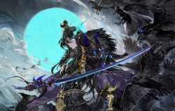 Rule 34 | 1boy, animal ears, armor, belt, bird, black hair, blue eyes, blue moon, breastplate, closed mouth, crow, flying sweatdrops, fur trim, glowing, glowing eyes, hair between eyes, highres, holding, holding sword, holding weapon, japanese armor, japanese clothes, katana, long hair, long sleeves, male focus, moon, okku, patterned, patterned clothing, pauldrons, pointy ears, rope belt, scar, scar on face, seven knights, shoulder armor, single pauldron, smoke, solo focus, sword, talons, vambraces, weapon, wide sleeves