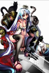 Rule 34 | 1girl, bare shoulders, black cat, black thighhighs, blue hair, breasts, cat, cavalier of the abyss, cleavage, clog sandals, crown, diffor magnasethia, dress, feet, high heels, immortal regis, juder, long hair, nail polish, red eyes, sandals, sitting, smile, solo, sword, tattoo, thighhighs, weapon, white hair