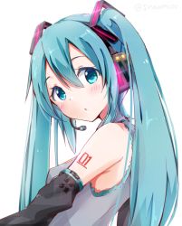 Rule 34 | 1girl, :o, aqua eyes, aqua hair, bare shoulders, blush, detached sleeves, hair between eyes, hatsune miku, headphones, headset, long hair, looking at viewer, looking back, looking to the side, microphone, simple background, sleeveless, snowmi, solo, twintails, twitter username, upper body, vocaloid, white background