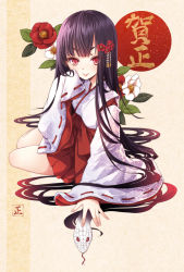 Rule 34 | 10s, 1girl, 2013, :p, black hair, blush, chinese zodiac, hair ornament, japanese clothes, long hair, looking at viewer, miko, new year, original, red eyes, sleeves past wrists, smile, snake, snake (chinese zodiac), solo, tokunou shoutarou, tongue, tongue out