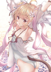 Rule 34 | 1girl, :o, absurdres, ahoge, andira (granblue fantasy), animal ears, armpits, arms up, ass, bare shoulders, blonde hair, blush, brown eyes, cowboy shot, detached sleeves, erune, flat chest, flower, granblue fantasy, hair flower, hair ornament, highres, looking at viewer, monkey ears, monkey girl, monkey tail, one-piece swimsuit, see-through, see-through sleeves, short hair, solo, swimsuit, tail, twisted torso, ukiwakisen, water, wide sleeves