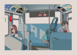Rule 34 | 1boy, 1girl, absurdres, bag, black hair, book, brown hair, bus interior, closed mouth, friends, headphones, highres, holding, holding book, looking to the side, macaronk, necktie, original, shirt, sitting