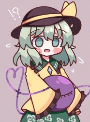 Rule 34 | !?, 1girl, :d, absurdres, blush stickers, bow, buttons, collar, diamond button, floral print, flower, frilled collar, frilled sleeves, frills, green eyes, green hair, green skirt, hat, hat bow, heart, heart of string, highres, komeiji koishi, long sleeves, open mouth, purple background, rose, rose print, shirt, short hair, simple background, skirt, sleeves past fingers, sleeves past wrists, smile, solo, third eye, touhou, waroemon, yellow bow, yellow shirt