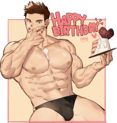 Rule 34 | 1boy, abs, bara, between pectorals, black male underwear, borrowed character, briefs, brown hair, bulge, cake, food, food on body, food on face, gondom, happy birthday, highres, holding, holding food, large pectorals, licking lips, looking at viewer, male focus, male underwear, muscular, nantaimori, navel, nipples, original, pectorals, short hair, solo, thick thighs, thighs, tongue, tongue out, underwear, underwear only