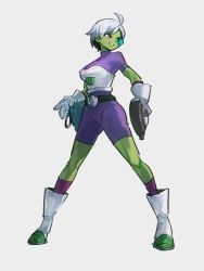 Rule 34 | 1girl, armor, bodysuit, breastplate, breasts, cheelai, colored skin, dragon ball, dragon ball super, full body, gloves, green skin, grey background, holding, holding weapon, kemachiku, looking to the side, medium breasts, pink eyes, purple bodysuit, scouter, shiny clothes, short hair, simple background, solo, standing, weapon, white gloves, white hair, wide hips