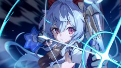Rule 34 | 1girl, amos&#039; bow (genshin impact), arrow (projectile), bell, blue hair, bow (weapon), breasts, close-up, detached sleeves, drawing bow, ganyu (genshin impact), genshin impact, highres, holding, holding bow (weapon), holding weapon, horns, long hair, looking at viewer, medium breasts, neck bell, purple eyes, sidelocks, sirama, solo, upper body, weapon, white sleeves