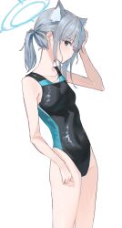 Rule 34 | 1girl, animal ear fluff, animal ears, blue archive, blue eyes, blush, breasts, closed mouth, commentary request, competition swimsuit, ear piercing, grey hair, halo, highleg, highleg swimsuit, highres, kurobeko (kur0bek0), looking at viewer, one-piece swimsuit, one eye closed, piercing, ponytail, shiroko (blue archive), shiroko (swimsuit) (blue archive), simple background, small breasts, solo, swimsuit, white background