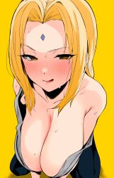 1girl 2022 absurdres blush breasts cleavage colored colorized covered_erect_nipples facial_mark female_focus forehead_jewel forehead_mark highres hotate-chan huge_breasts japanese_clothes kimono kneeling kunoichi large_breasts licking licking_lips long_hair looking_at_viewer mature_female naruto naruto_(series) naruto_shippuuden ninja off_shoulder open_clothes pants revision seductive_smile shounen_jump simple_background smile solo strap_slip sweat sweatdrop third-party_edit tongue tongue_out tsunade_(naruto) upper_body