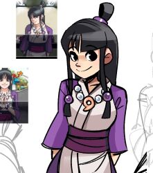 Rule 34 | 1girl, ace attorney, arms behind back, black eyes, black hair, closed mouth, collarbone, derivative work, game screenshot inset, japanese clothes, jewelry, kimono, long hair, looking at viewer, maya fey, multiple views, necklace, peargor, ponytail, purple kimono, purple sash, sash, screenshot redraw, smile, standing, very long hair