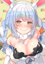 Rule 34 | 1girl, absurdres, animal ear fluff, animal ears, blush, bra, braid, breasts, carrot, collarbone, commentary request, detached sleeves, food-themed hair ornament, gloves, hair ornament, highres, hololive, large breasts, long hair, looking at viewer, multicolored hair, portrait, rabbit ears, rabbit girl, scarf, seductive smile, simple background, smile, solo, thick eyebrows, tonarikeru, twin braids, underwear, usada pekora, usada pekora (1st costume), virtual youtuber, yellow eyes