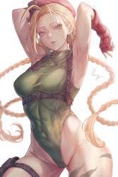 Rule 34 | 1girl, abs, ahoge, antenna hair, armpits, arms up, blonde hair, blue eyes, bodypaint, braid, breasts, cammy white, curvy, garrison cap, gloves, green leotard, hama guri, hat, highleg, highleg leotard, highres, holster, leotard, long hair, looking at viewer, medium breasts, muscular, muscular female, scar, scar on face, shiny skin, simple background, solo, street fighter, thigh holster, thong leotard, twin braids, very long hair, white background, wide hips