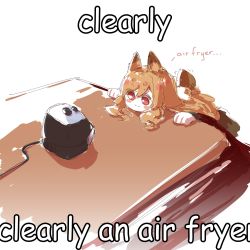 Rule 34 | 1girl, :3, absurdres, air fryer, animal ears, arknights, blush stickers, brown hair, ceobe (arknights), clenched hands, comic sans, commentary, crr001, dog ears, dog girl, english commentary, english text, highres, kotatsu, long hair, meme, red eyes, simple background, sketch, solo, speech bubble, swept bangs, table, tail, under kotatsu, under table, white background