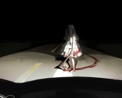 Rule 34 | 1girl, axe, bare arms, barefoot, black hair, blood, blood on clothes, blood on feet, blood on leg, blood trail, chikapuka, commentary, covered face, dress, hair over face, highres, holding, holding axe, layered dress, long hair, night, original, pov, road, see-through, shadow, short dress, sleeveless, sleeveless dress, solo, standing, straight hair, street, veil, white dress