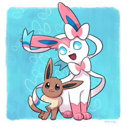 :3 animal_focus black_eyes blue_background blue_eyes border commentary_request creatures_(company) eevee evolutionary_line fang game_freak gen_1_pokemon gen_6_pokemon looking_at_another nintendo no_humans open_mouth pokemon pokemon_(creature) signature sylveon taiyakineco white_border