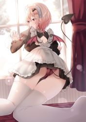 Rule 34 | 1girl, apron, ass, bad id, bad pixiv id, black dress, blurry, blurry background, breasts, curtains, demon girl, demon tail, demon wings, depth of field, dress, feet out of frame, frilled panties, frills, hair between eyes, heart, heart print, highres, indoors, juliet sleeves, kneeling, lace, lace-trimmed panties, lace trim, light brown hair, long sleeves, looking at viewer, looking back, mafuyu (chibi21), maid, maid headdress, medium breasts, mini wings, multicolored hair, no shoes, original, panties, puffy sleeves, red eyes, red hair, red panties, red wings, solo, streaked hair, tail, thighhighs, underwear, white apron, white thighhighs, window, wings
