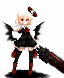Rule 34 | 1girl, ascot, blonde hair, blush, cocozasa, ex-rumia, hair ornament, holding, looking at viewer, red eyes, rumia, short hair, simple background, smile, solo, sword, touhou, weapon, white background