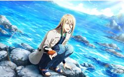 Rule 34 | 1boy, blonde hair, breast pocket, closed eyes, fingernails, highres, idolmaster, idolmaster side-m, idolmaster side-m live on stage!, koron chris, long hair, long sleeves, male focus, ocean, official art, open mouth, outdoors, pants, pocket, sandals, sea cucumber, shore, third-party source, toenails, toes