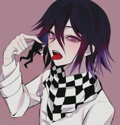 Rule 34 | 2boys, black jacket, black pants, buttons, checkered clothes, checkered scarf, danganronpa (series), danganronpa v3: killing harmony, hair between eyes, holding, imminent vore, jacket, kkochmeli, long sleeves, medium hair, mini person, miniboy, multicolored hair, multiple boys, open mouth, oma kokichi, pants, pink background, pink eyes, saihara shuichi, scarf, simple background, teeth, tongue, tongue out, two-tone hair, upper teeth only