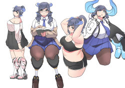 Rule 34 | 1girl, absurdres, animal ears, black skirt, blue eyes, blue skirt, book, breasts, cardigan, detached collar, dolphin shorts, dot nose, elbow gloves, fat, glasses, gloves, grey hair, hair between eyes, hair bun, highres, holding, holding book, horns, large breasts, long hair, long sleeves, looking at viewer, looking to the side, looking up, microphone, multiple views, navel, necktie, off shoulder, open mouth, original, pantyhose, pleated skirt, plump, pocket, ponytail, prosthesis, prosthetic leg, shirt, shorts, sidelocks, single elbow glove, single glove, single hair bun, skirt, sports bra, standing, tajyador, tareme, thick arms, thick eyebrows, thick thighs, thighs, tying hair, white background, white shirt, wing collar