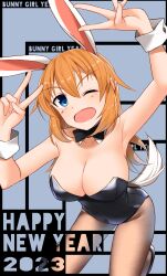 Rule 34 | 2023, absurdres, blue eyes, bow, bowtie, breasts, charlotte e. yeager, chinese zodiac, cleavage, detached collar, happy new year, highres, hiroshi (hunter-of-kct), large breasts, leotard, long hair, looking at viewer, nengajou, new year, one eye closed, open mouth, pantyhose, playboy bunny, strike witches, v, world witches series, wrist cuffs, year of the rabbit