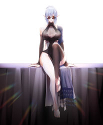 Rule 34 | 1girl, absurdres, arknights, arms at sides, bare shoulders, black one-piece swimsuit, black thighhighs, breasts, bridal gauntlets, casual one-piece swimsuit, cleavage, closed mouth, collarbone, earrings, full body, gladiia (arknights), grey hair, highres, jewelry, knee up, large breasts, long hair, looking at viewer, lsc5, no shoes, one-piece swimsuit, pointy ears, red eyes, see-through, simple background, single bridal legwear, smile, solo, sunglasses, swimsuit, thighhighs, white background, white thighhighs