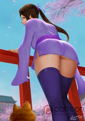 Rule 34 | 1girl, ariverkao, ass, black thighhighs, brown eyes, brown hair, building, cat, cherry blossoms, dated, day, from behind, from below, japanese clothes, kimono, long hair, looking at viewer, original, outdoors, patreon logo, patreon username, petals, purple kimono, short kimono, signature, solo, thighhighs, watermark, web address