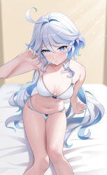 Rule 34 | 1girl, absurdres, ahoge, bare shoulders, bed sheet, blue eyes, blue hair, blue nails, bra, breasts, cleavage, collarbone, furina (genshin impact), genshin impact, hand up, highres, karsa, long hair, looking at viewer, medium breasts, mismatched pupils, multicolored hair, navel, panties, sitting, solo, stomach, streaked hair, thighs, two-tone hair, underwear, underwear only, very long hair, wavy hair, white bra, white hair, white panties