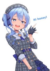 Rule 34 | 1girl, absurdres, ahoge, asymmetrical hair, belt, beret, black choker, black gloves, blue belt, blue bow, blue eyes, blue hair, blue necktie, blue ribbon, blue skirt, bow, bracelet, breasts, catchphrase, choker, commentary, cowboy shot, earrings, english text, fingerless gloves, frilled skirt, frills, gloves, grey hat, hair ribbon, hat, highres, holding, holding microphone, hololive, hoshimachi suisei, hoshimachi suisei (1st costume), jacket, jewelry, light blue hair, looking at viewer, medium hair, microphone, necktie, open mouth, plaid, plaid headwear, plaid jacket, plaid skirt, quarterlift, ribbon, short necktie, side ponytail, simple background, skirt, small breasts, smile, solo, star (symbol), star choker, star earrings, star in eye, striped ribbon, symbol in eye, teeth, two-tone skirt, upper teeth only, virtual youtuber, waving, white background
