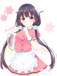 Rule 34 | 1girl, absurdres, apron, blend s, blunt bangs, blush, character name, closed mouth, collared shirt, copyright name, cowboy shot, dated, finger to mouth, frilled apron, frills, gloves, hair bobbles, hair ornament, head scarf, highres, holding, holding tray, indoors, long hair, looking at viewer, low twintails, miniskirt, pink shirt, pink skirt, pleated skirt, puffy short sleeves, puffy sleeves, purple eyes, purple hair, sakuranomiya maika, shirt, short sleeves, shushing, signature, skirt, smile, solo, standing, star (symbol), starry background, tareme, tray, twintails, waist apron, white apron, white gloves, yasaka (astray l)