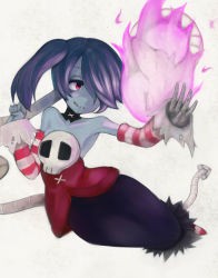 Rule 34 | 1girl, blue hair, blue skin, bone, colored skin, detached sleeves, female focus, fire, hair over one eye, highres, leviathan (skullgirls), monster girl, parasite, purple fire, red eyes, short hair, side ponytail, skeleton, skull, skullgirls, squigly (skullgirls), stitched mouth, stitches, zombie
