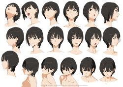 Rule 34 | 1girl, black eyes, black hair, commentary request, hair behind ear, kamo kamen, looking at viewer, looking to the side, looking up, multiple views, original, short hair, solo, upper body, white background