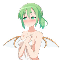 Rule 34 | 1girl, blush, breasts, cato (monocatienus), collarbone, commentary, covering privates, covering breasts, daiyousei, embarrassed, fairy wings, green eyes, green hair, hair between eyes, highres, medium breasts, medium hair, nude, nude cover, simple background, solo, touhou, towel, upper body, white background, wings
