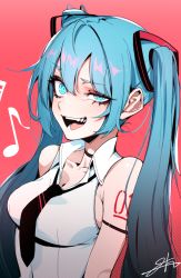 Rule 34 | 1girl, :d, bare shoulders, blue eyes, blue hair, breasts, grin, hair between eyes, half-closed eye, hatsune miku, j.k., long hair, looking at viewer, medium breasts, musical note, necktie, open mouth, red background, simple background, sleeveless, smile, solo, teeth, twintails, upper body, vocaloid