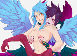 Rule 34 | 2girls, allen skies, blue hair, blush, breasts, clenched teeth, collarbone, grabbing, grabbing another&#039;s breast, grabbing from behind, incest, kayle (league of legends), large breasts, league of legends, light smile, linea alba, lips, lipstick, long hair, looking at another, makeup, morgana (league of legends), multiple girls, nail polish, navel, nipples, purple eyes, purple hair, short hair, siblings, simple background, sisters, smile, teeth, topless, white background, wings, yellow eyes, yuri