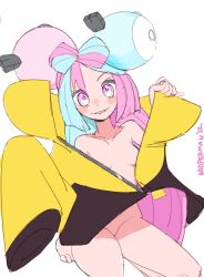 Rule 34 | 1girl, 2022, artist name, barefoot, blue hair, bottomless, breasts, creatures (company), feet, female focus, game freak, hair ornament, highres, iono (pokemon), jacket, long hair, looking at viewer, multicolored hair, nintendo, no bra, no panties, oversized clothes, parted lips, pink eyes, pink hair, pokemon, pokemon sv, sharp teeth, simple background, sitting, sleeves past fingers, sleeves past wrists, small breasts, smile, solo, sooperman, teeth, thighs, toes, unzipped, white background, yellow jacket