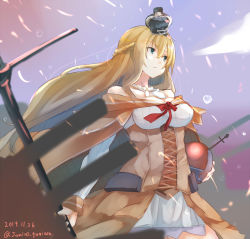 Rule 34 | 1girl, blonde hair, blue eyes, blue sky, braid, cannon, cloud, commentary request, corset, crown, dated, dress, flower, french braid, globus cruciger, highres, jamiro quaison, kantai collection, long hair, long sleeves, machinery, mini crown, off-shoulder dress, off shoulder, one-hour drawing challenge, red flower, red ribbon, red rose, ribbon, rose, scepter, sky, solo, standing, twitter username, warspite (kancolle), white dress