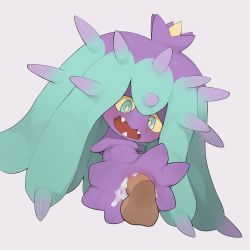 Rule 34 | 1girl, aqua hair, blue eyes, blush, colored sclera, creatures (company), cum, cum in pussy, disembodied penis, drooling, erection, full body, furry, furry female, game freak, gen 7 pokemon, grey background, highres, long hair, looking down, mareanie, multicolored eyes, nintendo, open mouth, penis, pokemon, pokemon (creature), pussy, saliva, sharp teeth, simple background, solo, teeth, testicles, uncensored, yellow eyes, yellow sclera, youjo modoki